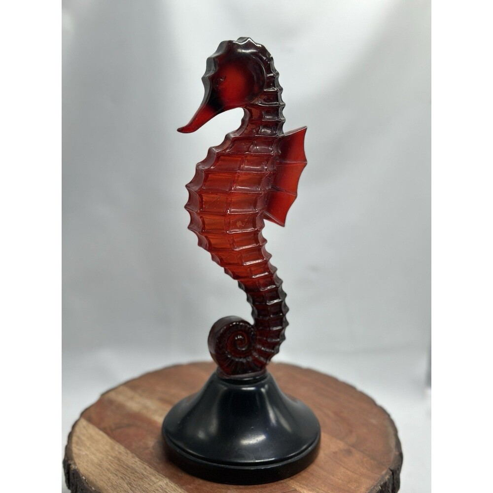 Seahorse Lucite Acrylic Red Black Figurine Sculpture On Stand